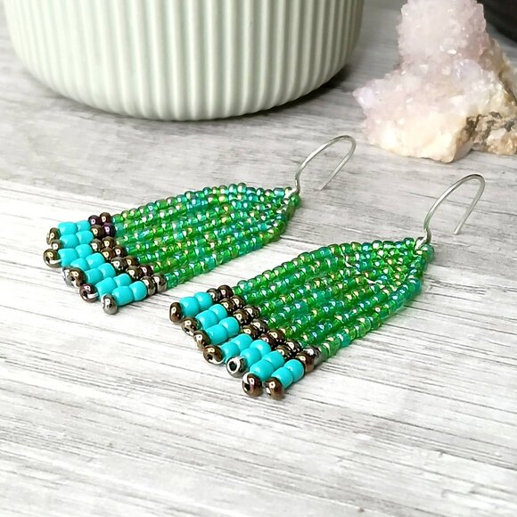 Green Beaded Fringe Dangle Earrings, 2" - Picture 2 of 6